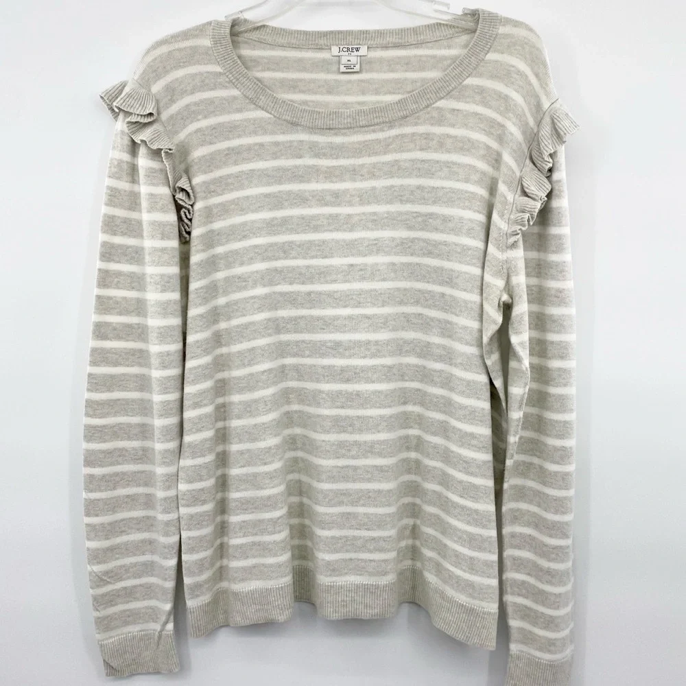 J.Crew Gray White Stripe Ruffle Sweater Size XL